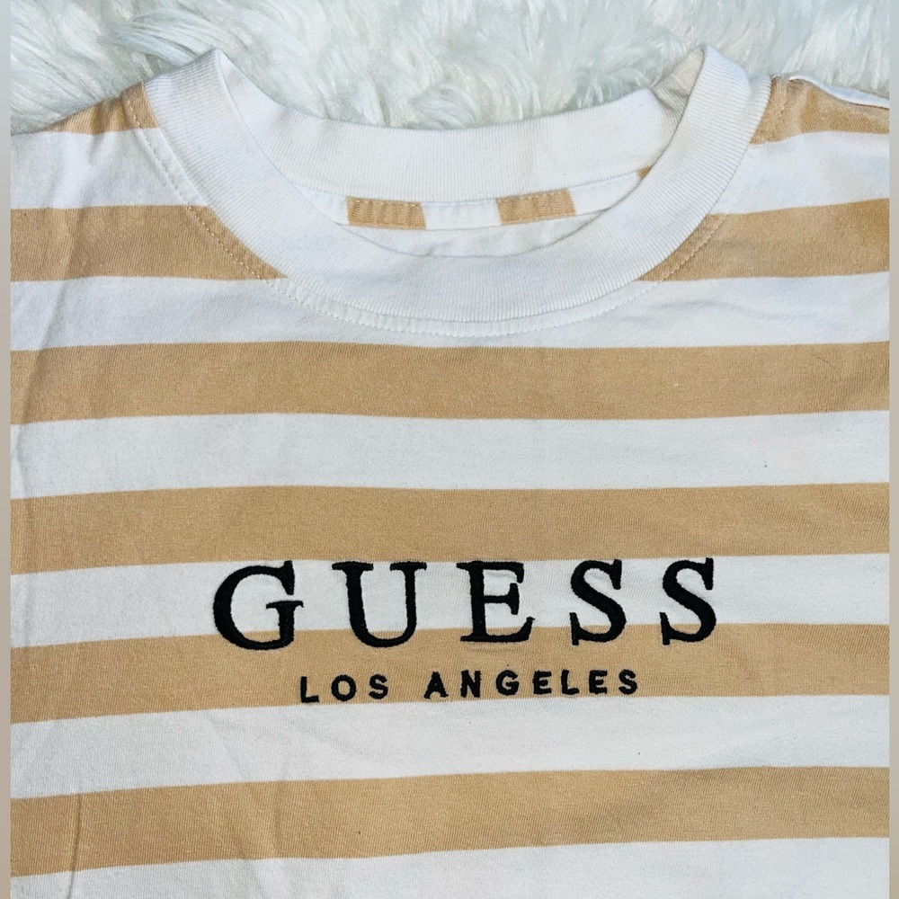 Guess Tan and White Striped Long Sleeved Shirt Men’s Size Small - Picture 3 of 9